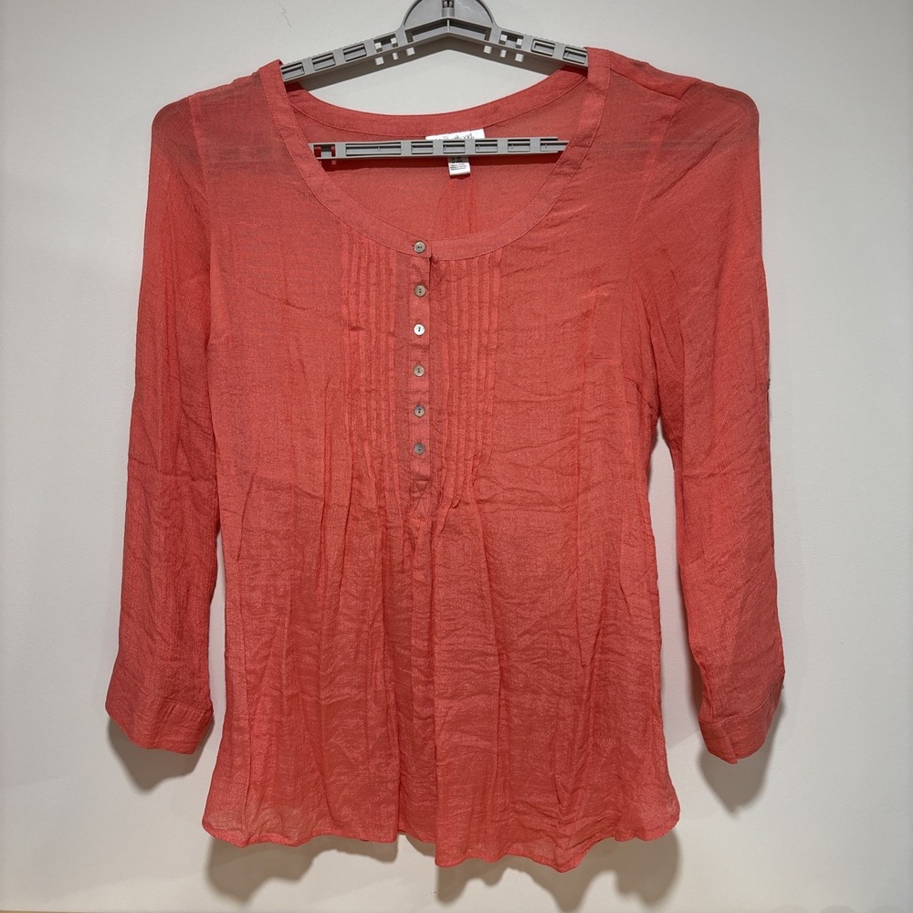 Motherhood Maternity Long Sleeve Shirt Blouse Coral Shimmer Pleat Semi Sheer 2X